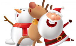 Illustration of snowman, reindeer and Santa Claus dancing