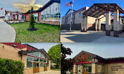Montage of photos of exterior entrances to all four schools