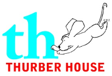 Thurber House logo for kids with cartoon dog pouncing on words Thurber House
