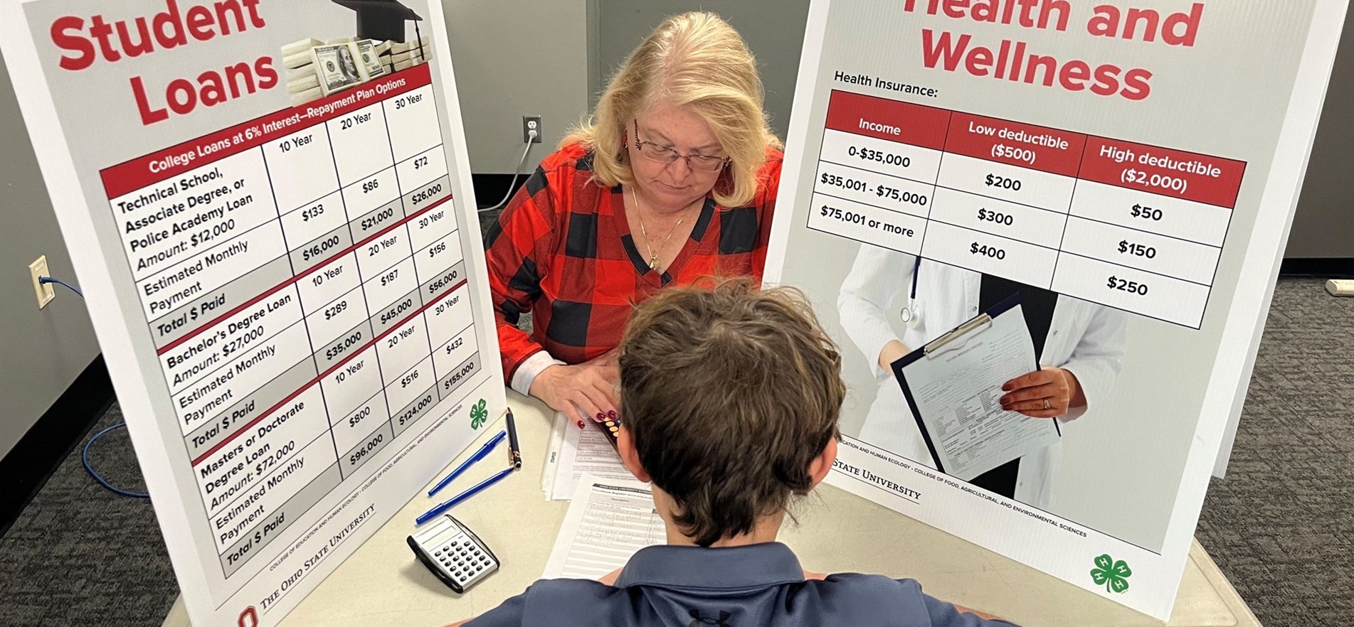 Middle School student and educator sit between signs for student loan costs and health and wellness costs during economic education program.