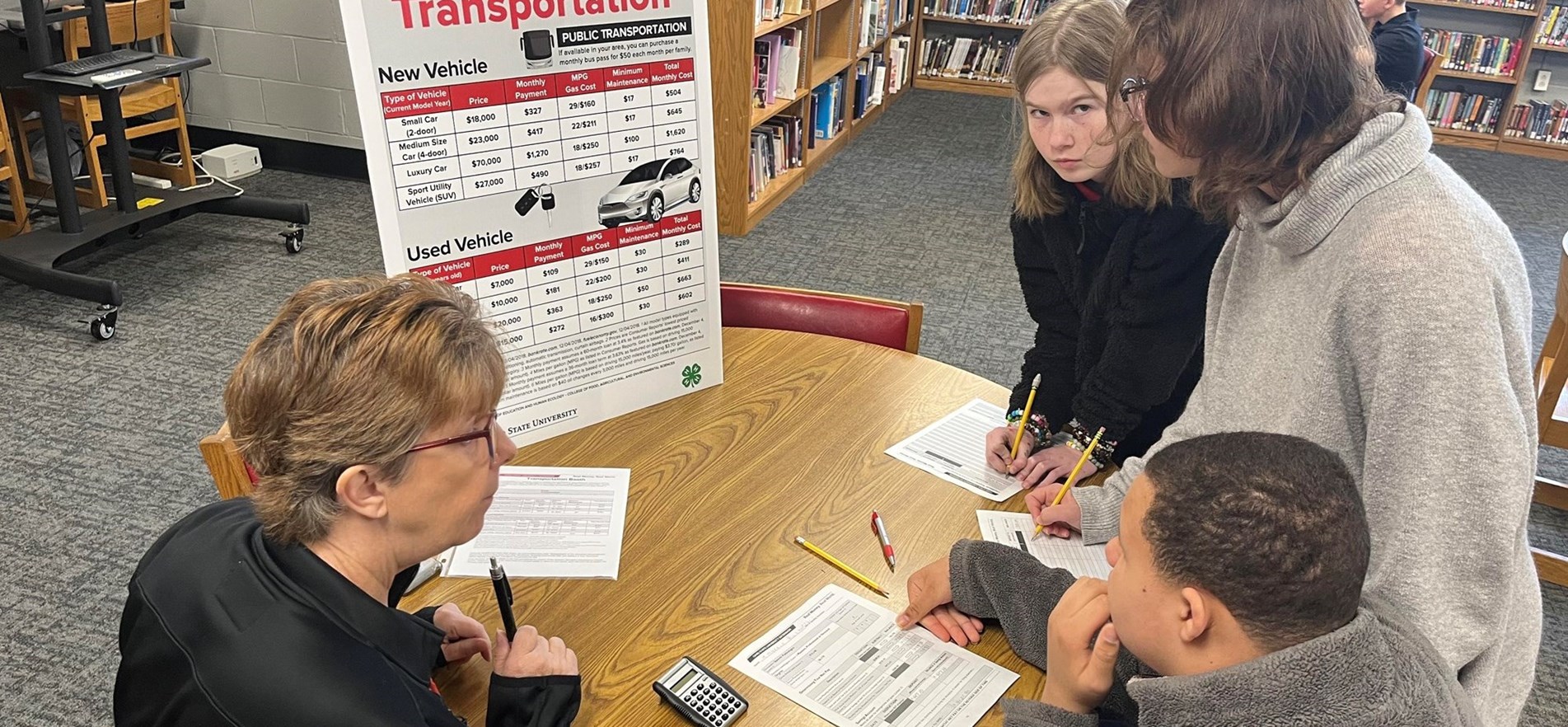 Three students consult with volunteer about transportation costs during consumer education event in JMS Media Center.