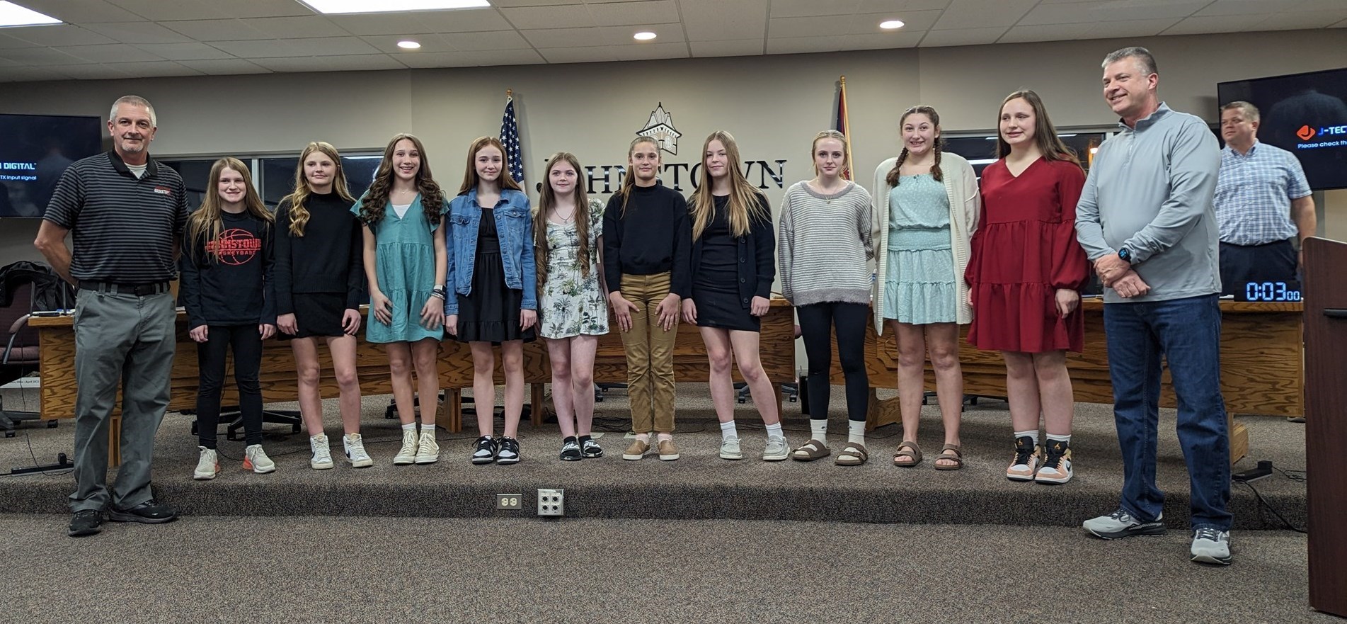 Johnstown Girls Basketball Coaches, Players gather in Council Chambers for recognition of Championship Season.