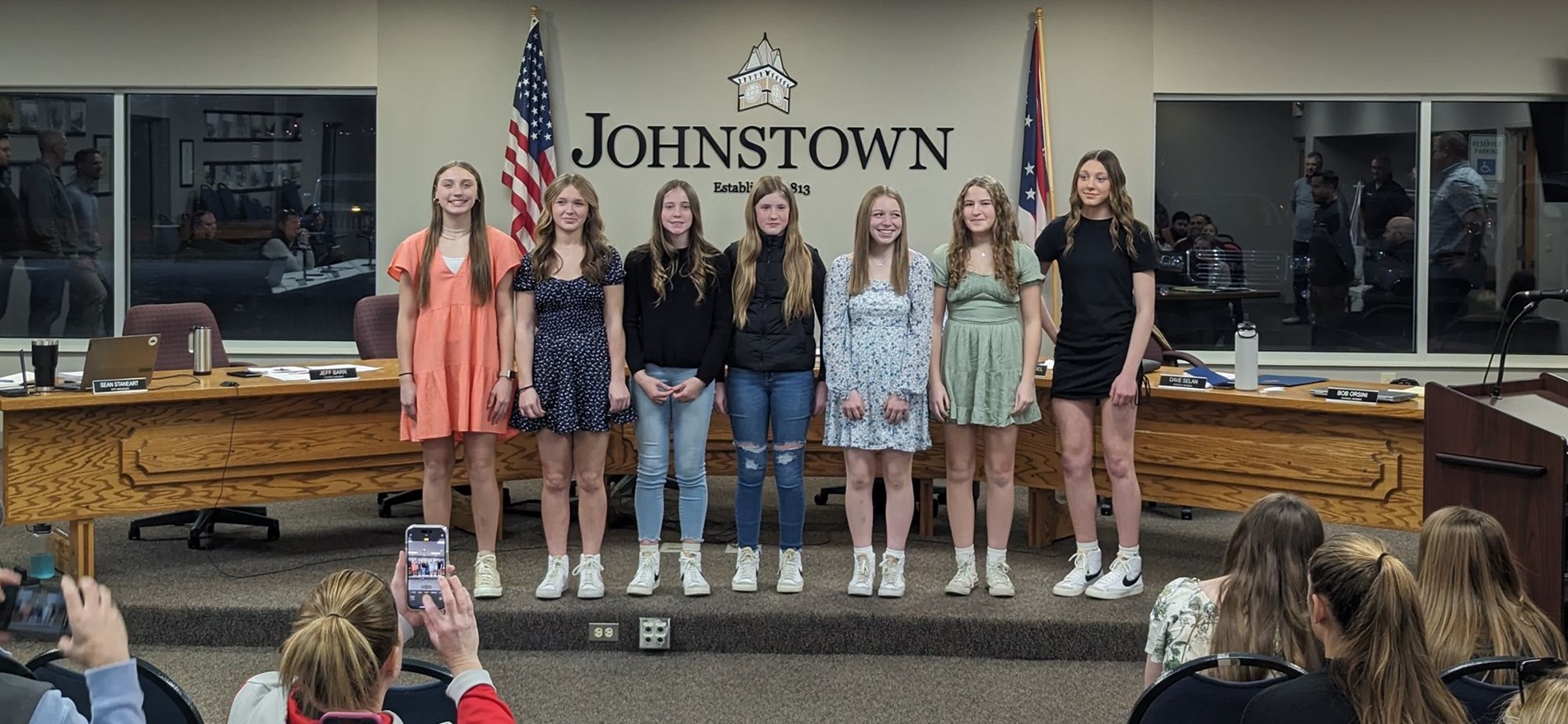 Johnstown Girls Basketball Coaches, Players gather in Council Chambers for recognition of Championship Season.